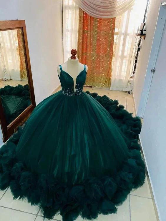Stunning Tulle Lace-up Back Ball Gown,Teal Princess Dress With Ruffles Y1233 - Image 2