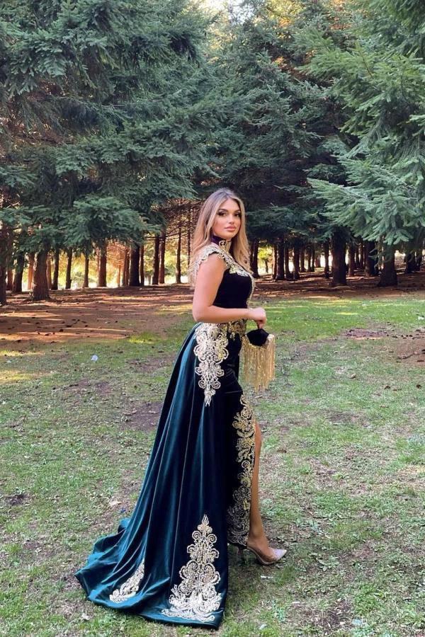 Stunning Velvet Evening Gown Sleeveless Gold Appliques Formal Dress with Detachable Train Side Slit - Image 2