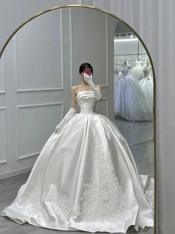 Stunning White Strapless Satin Wedding Dress,White Bridal Gown Y6859 - Image 2