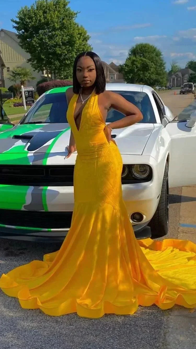 Stunning Yellow Mermaid Prom Dress,Sexy Evening Dress With Train Y1709 - Image 2