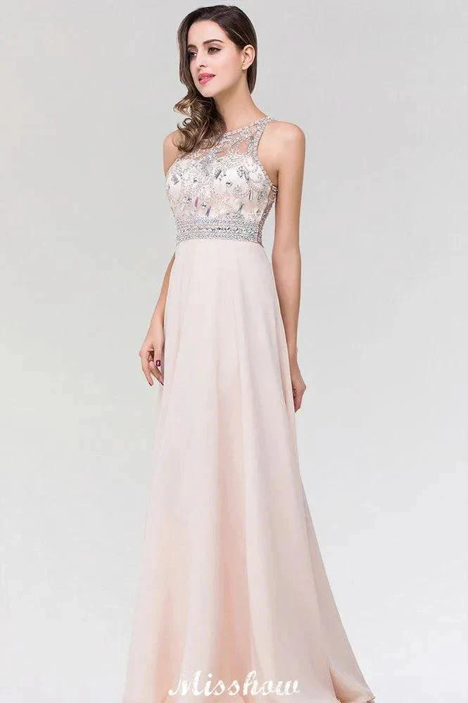 Stylish A-Line Chiffon Tulle Scoop Sleeveless Floor-Length Bridesmaid Dress with Beadings - Image 4