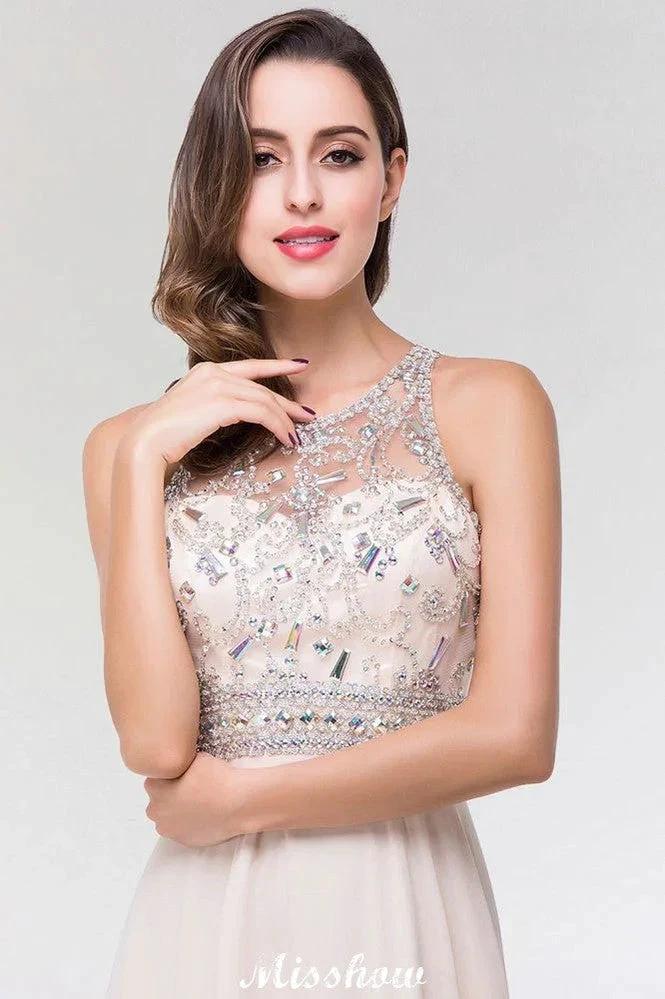 Stylish A-Line Chiffon Tulle Scoop Sleeveless Floor-Length Bridesmaid Dress with Beadings - Image 5