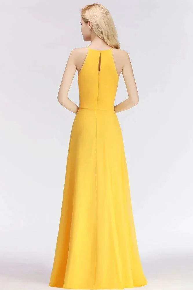 Stylish A-line Halter Sleeveless Floor Length Yellow Bridesmaid Dresses - Image 2