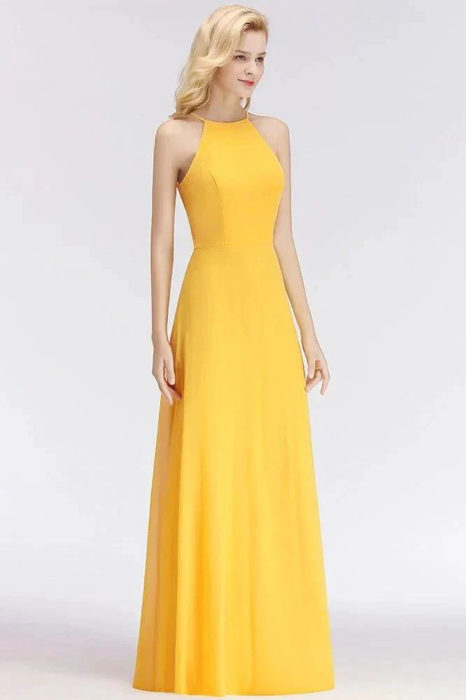 Stylish A-line Halter Sleeveless Floor Length Yellow Bridesmaid Dresses - Image 3