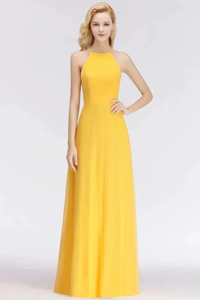 Stylish A-line Halter Sleeveless Floor Length Yellow Bridesmaid Dresses - Image 4