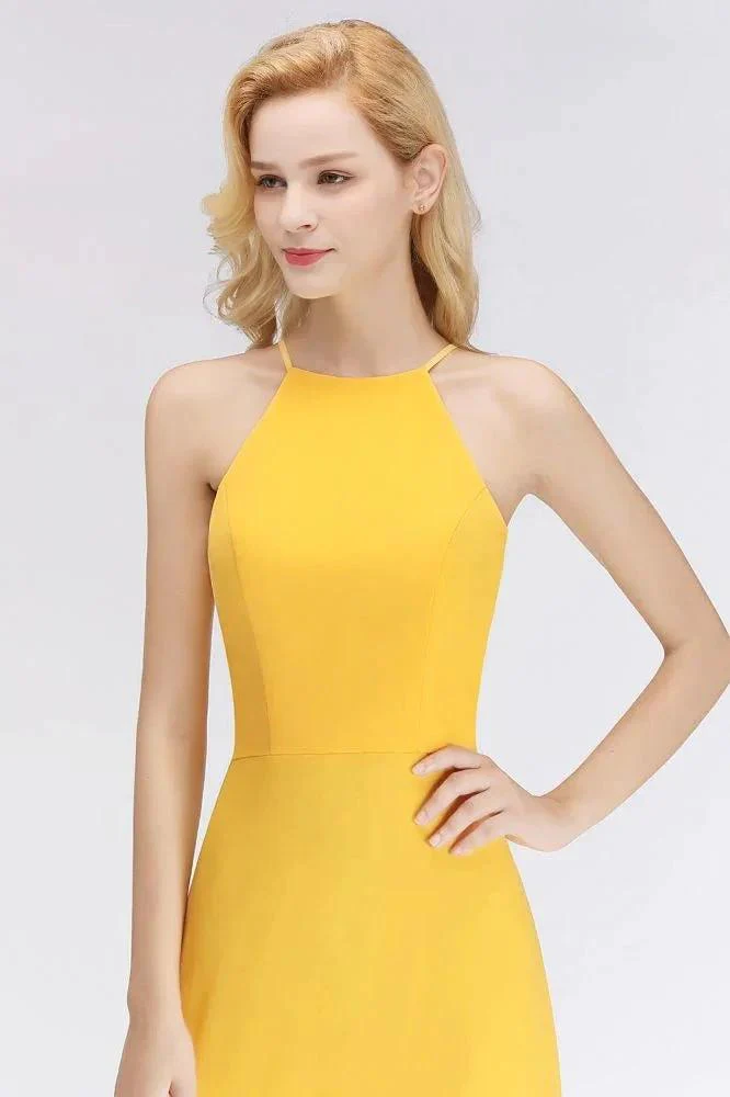 Stylish A-line Halter Sleeveless Floor Length Yellow Bridesmaid Dresses - Image 5
