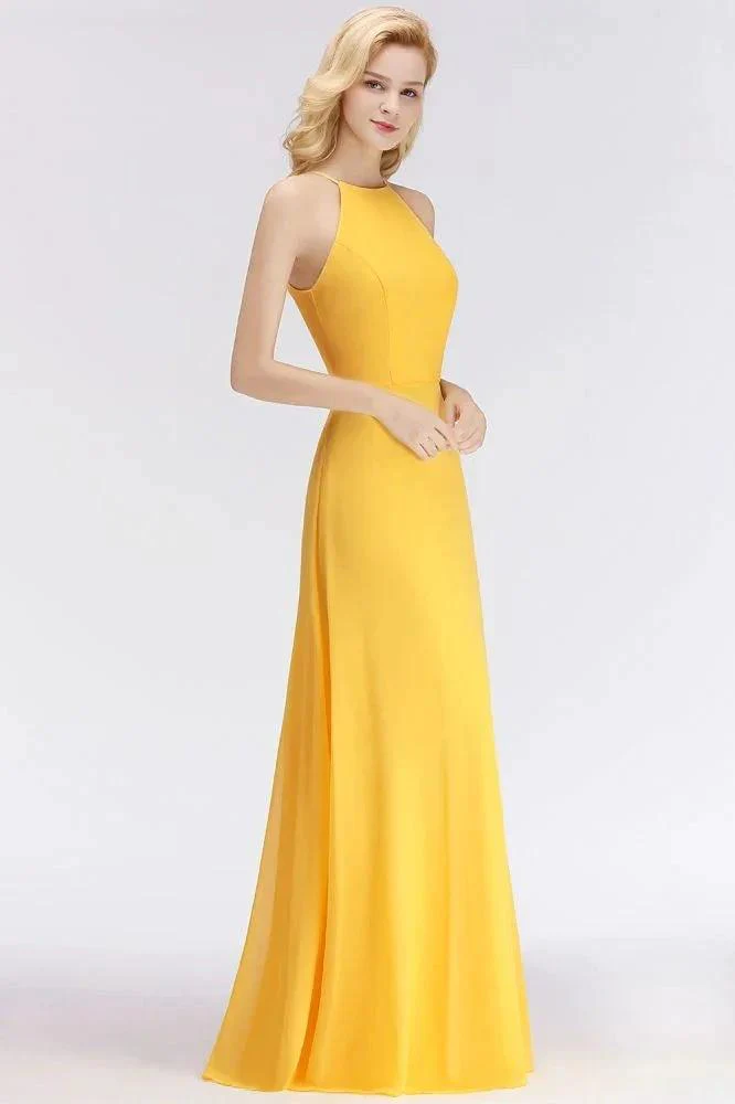 Stylish A-line Halter Sleeveless Floor Length Yellow Bridesmaid Dresses - Image 6