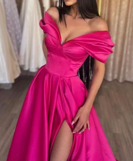 Stylish A-Line Off the Shoulder Satin Long Prom Dress Hot Pink Pleats Evening Dress With Slit  Y7644 - Image 2