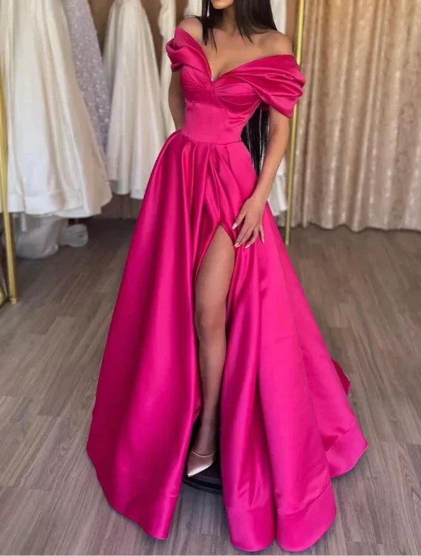 Stylish A-Line Off the Shoulder Satin Long Prom Dress Hot Pink Pleats Evening Dress With Slit  Y7644 - Image 3