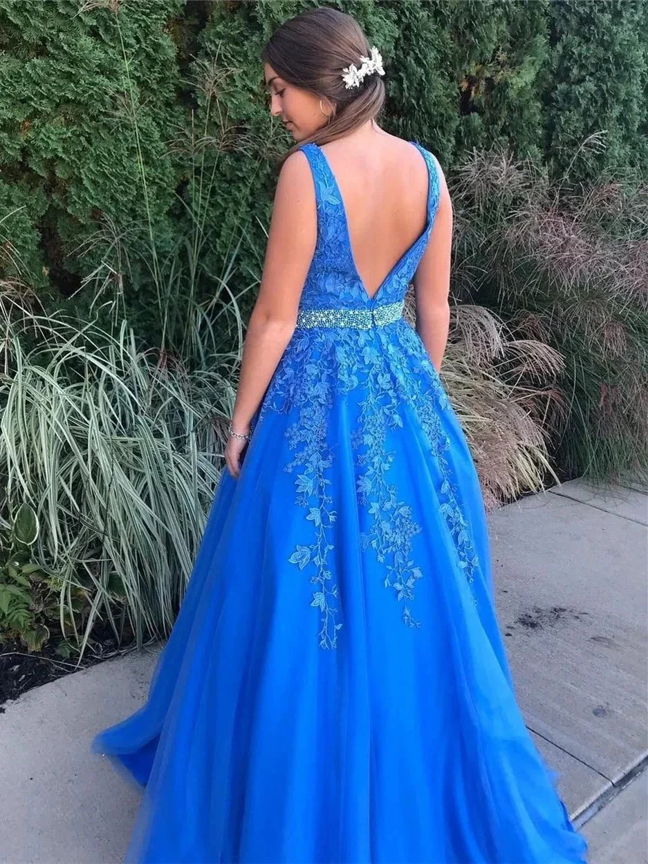 Stylish A-line V Neck Backless Tulle Lace Long Prom Dresseswith Belt - Image 2
