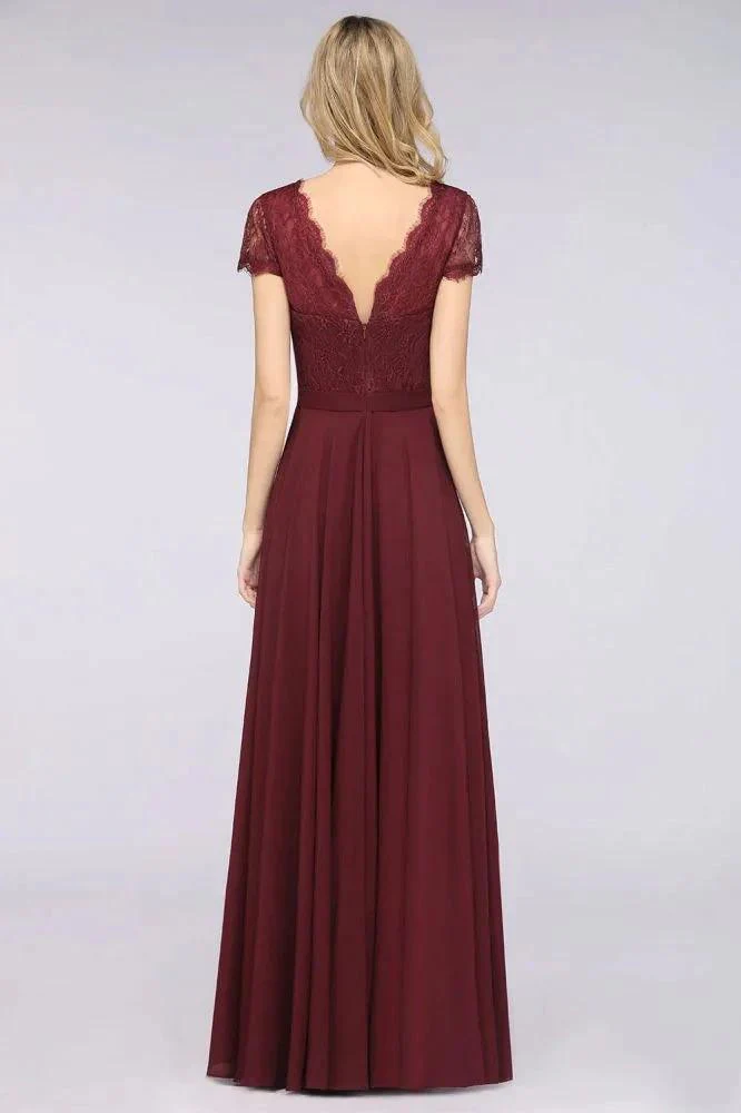Stylish A-Line V-Neck Cap-Sleeves Floor-Length Bridesmaid Dress - Image 2