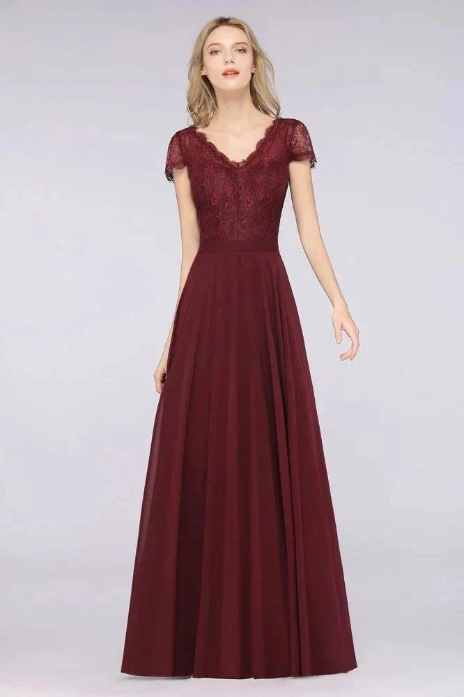 Stylish A-Line V-Neck Cap-Sleeves Floor-Length Bridesmaid Dress - Image 3