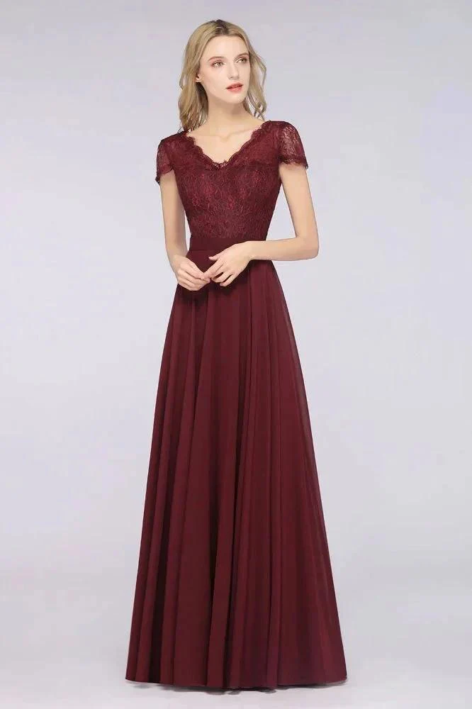 Stylish A-Line V-Neck Cap-Sleeves Floor-Length Bridesmaid Dress - Image 4