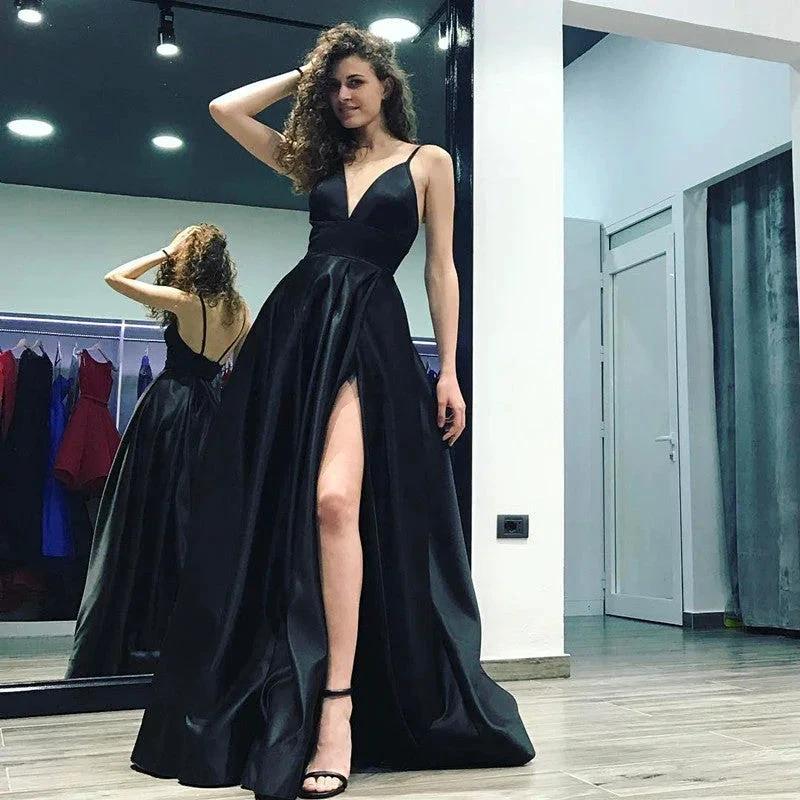 Stylish A-Line V-neck Satin Long Black Prom Dress With Slit - Image 2