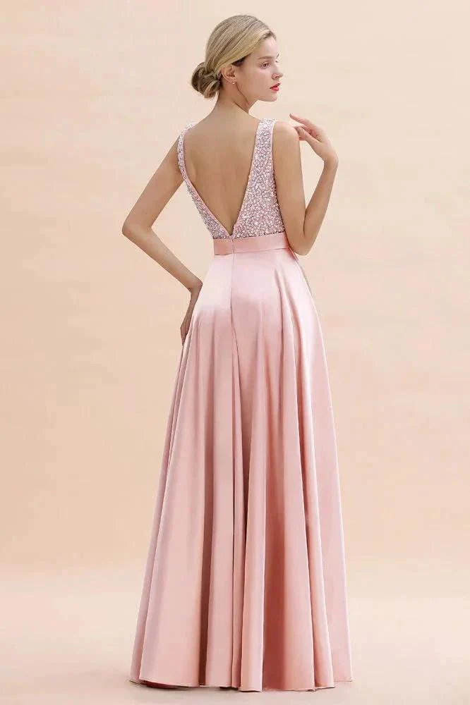 Stylish Backless Satin Floor Length Evening Dress V-Neck Party Dress - Image 2