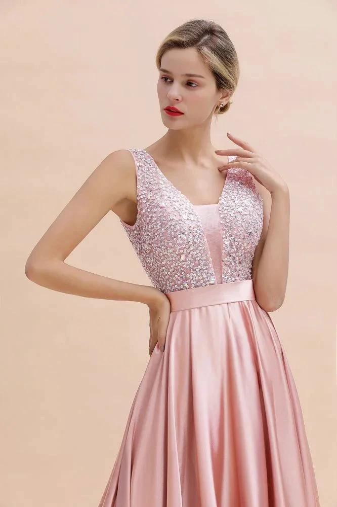 Stylish Backless Satin Floor Length Evening Dress V-Neck Party Dress - Image 3