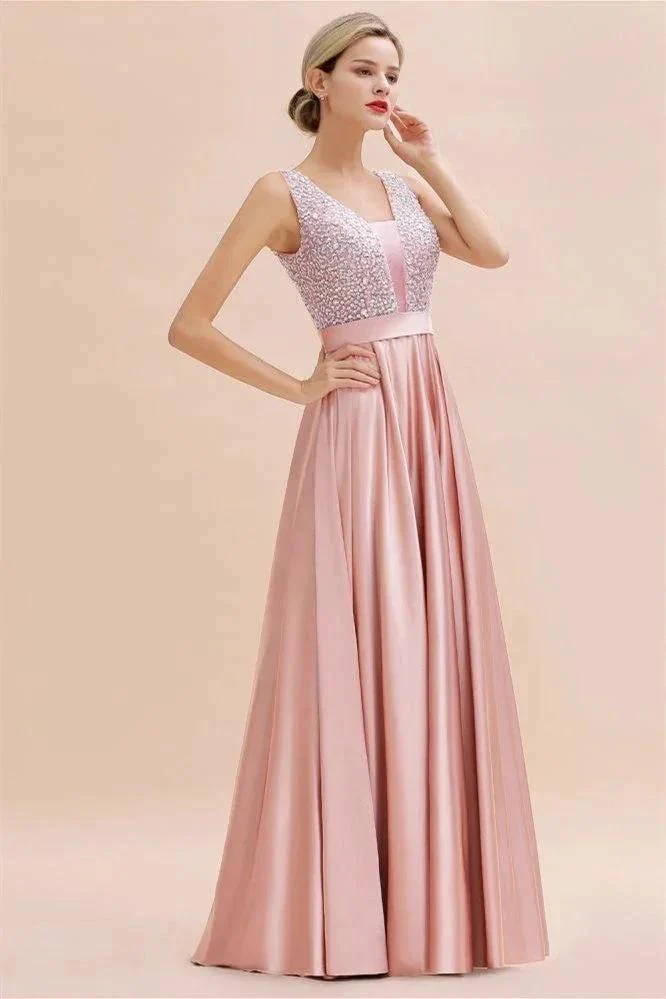 Stylish Backless Satin Floor Length Evening Dress V-Neck Party Dress - Image 4