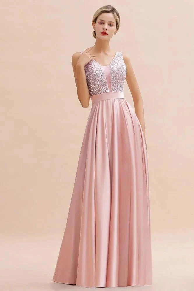 Stylish Backless Satin Floor Length Evening Dress V-Neck Party Dress - Image 5