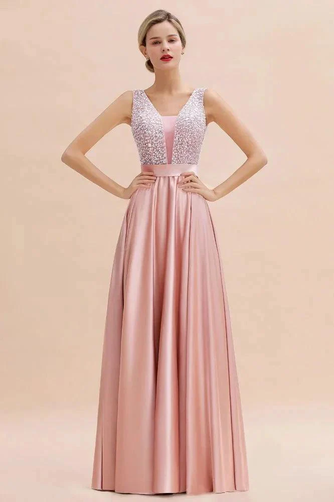 Stylish Backless Satin Floor Length Evening Dress V-Neck Party Dress - Image 6