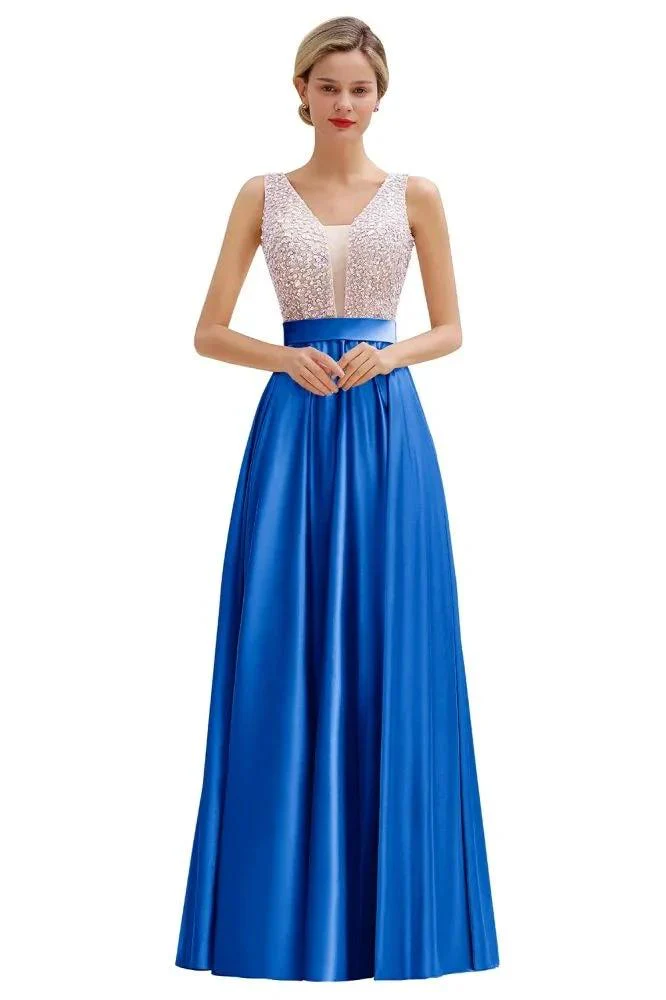 Stylish Backless Satin Floor Length Evening Dress V-Neck Party Dress - Image 7