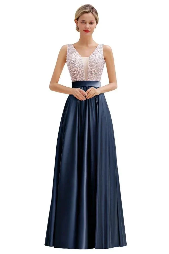 Stylish Backless Satin Floor Length Evening Dress V-Neck Party Dress - Image 8