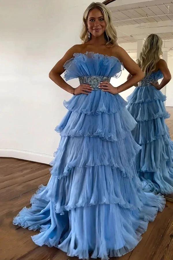 Stylish Blue Strapless A-Line Long Tiered Prom Dress With Belt PSK483 - Image 2