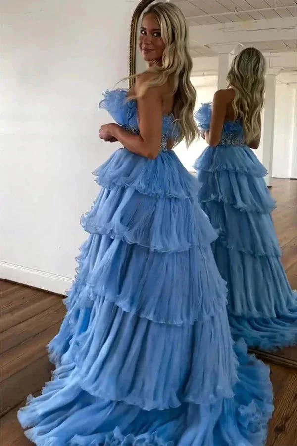 Stylish Blue Strapless A-Line Long Tiered Prom Dress With Belt PSK483 - Image 3