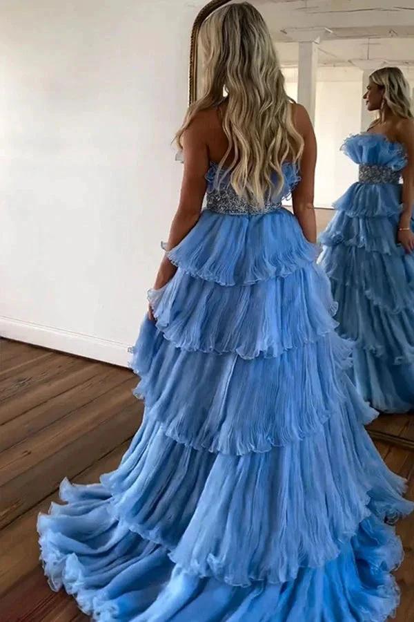 Stylish Blue Strapless A-Line Long Tiered Prom Dress With Belt PSK483 - Image 4