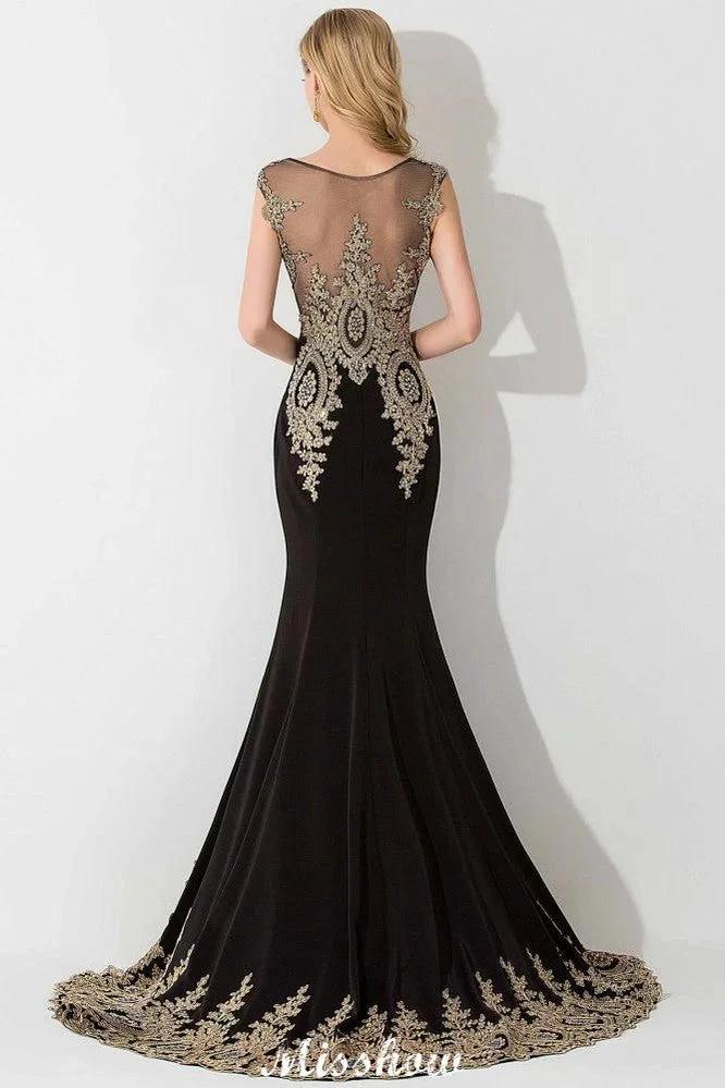 Stylish Cap Sleeve Gold Appliques Mermaid Evening Maxi Gown Sleveless Party Dress - Image 2