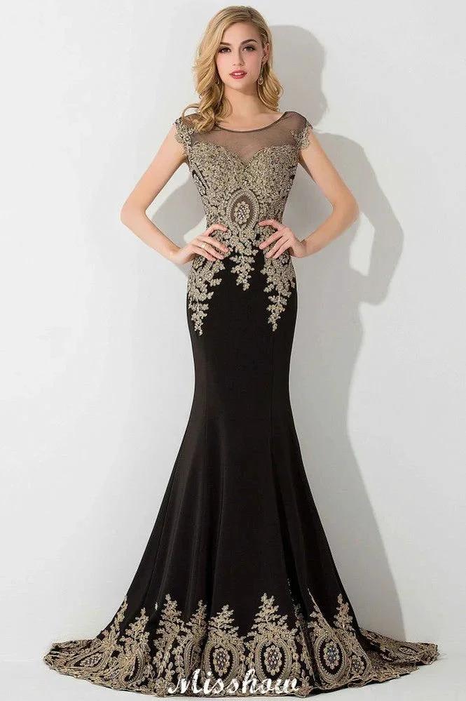 Stylish Cap Sleeve Gold Appliques Mermaid Evening Maxi Gown Sleveless Party Dress - Image 3