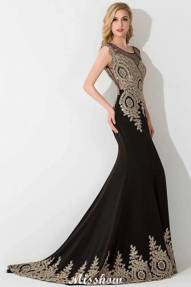 Stylish Cap Sleeve Gold Appliques Mermaid Evening Maxi Gown Sleveless Party Dress - Image 4