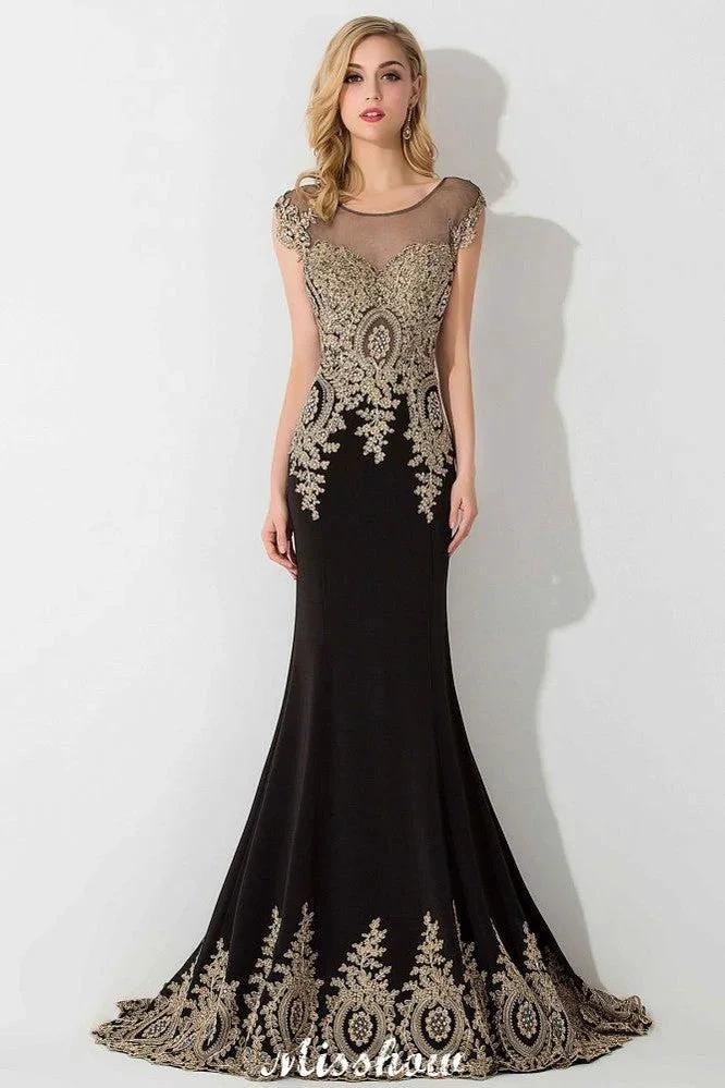 Stylish Cap Sleeve Gold Appliques Mermaid Evening Maxi Gown Sleveless Party Dress - Image 5