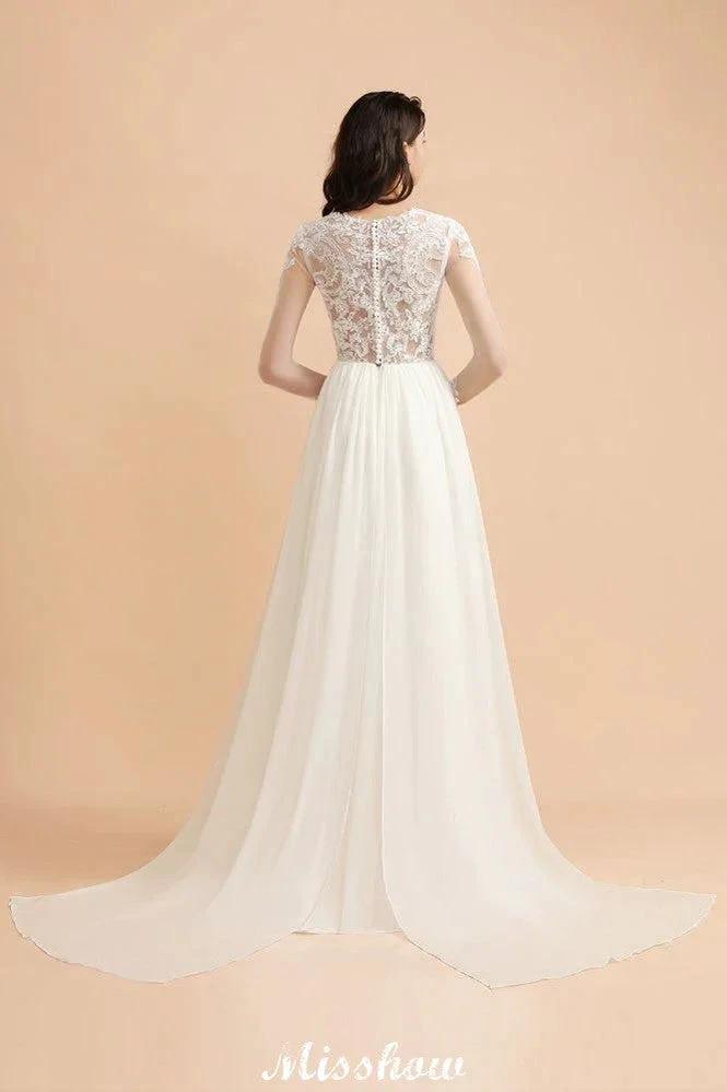 Stylish Crew Neck Lace Appliques Wedding Dress Long Sleeve Chiffon Simple Bridal Gown - Image 2