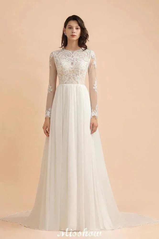 Stylish Crew Neck Lace Appliques Wedding Dress Long Sleeve Chiffon Simple Bridal Gown - Image 3