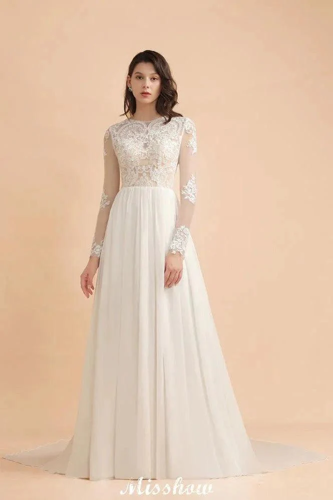 Stylish Crew Neck Lace Appliques Wedding Dress Long Sleeve Chiffon Simple Bridal Gown - Image 4