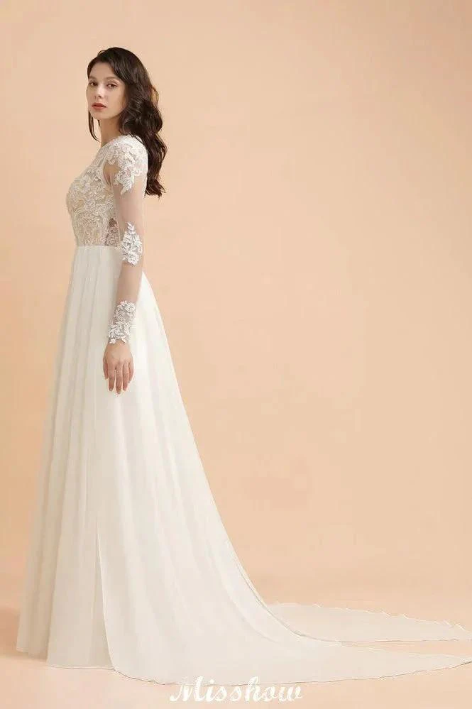 Stylish Crew Neck Lace Appliques Wedding Dress Long Sleeve Chiffon Simple Bridal Gown - Image 5