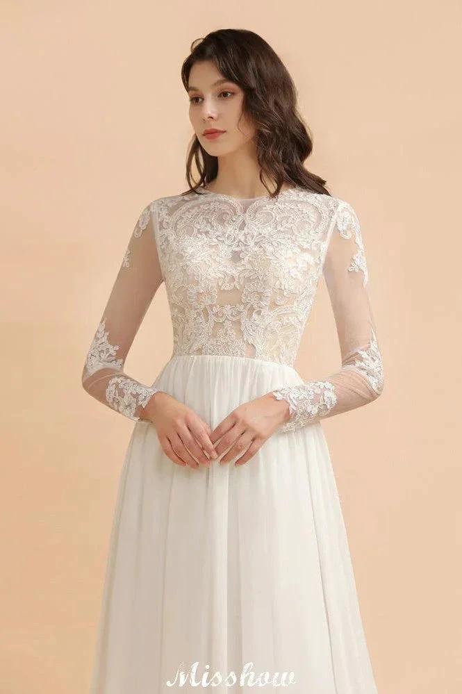 Stylish Crew Neck Lace Appliques Wedding Dress Long Sleeve Chiffon Simple Bridal Gown - Image 6