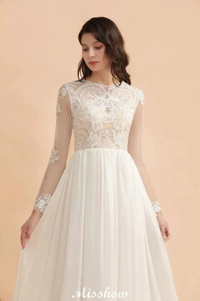 Stylish Crew Neck Lace Appliques Wedding Dress Long Sleeve Chiffon Simple Bridal Gown - Image 7