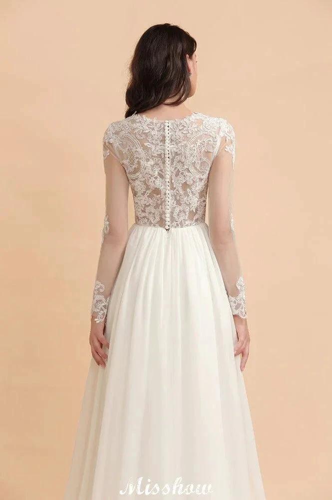 Stylish Crew Neck Lace Appliques Wedding Dress Long Sleeve Chiffon Simple Bridal Gown - Image 8