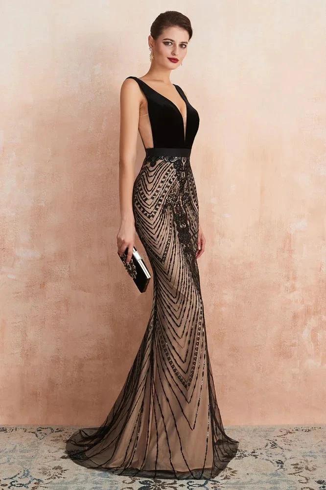 Stylish Deep V-Neck Black Beading Mermaid Prom Dress Sleeveless Slim Evening Party Gown - Image 7