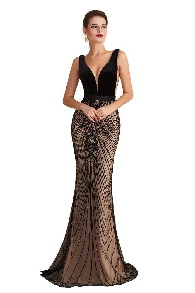Stylish Deep V-Neck Black Beading Mermaid Prom Dress Sleeveless Slim Evening Party Gown - Image 9