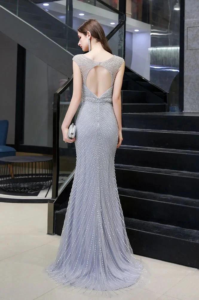 Stylish Deep V-Neck Sleeveless Beading Silver Slim Mermaid Party Gown - Image 2