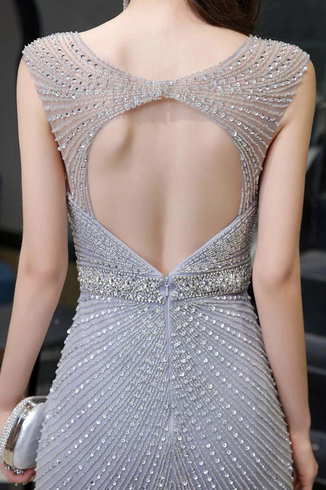 Stylish Deep V-Neck Sleeveless Beading Silver Slim Mermaid Party Gown - Image 5