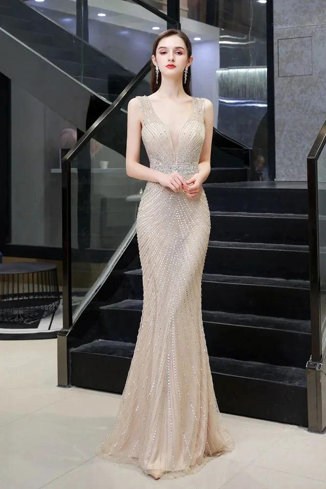 Stylish Deep V-Neck Sleeveless Beading Silver Slim Mermaid Party Gown - Image 6
