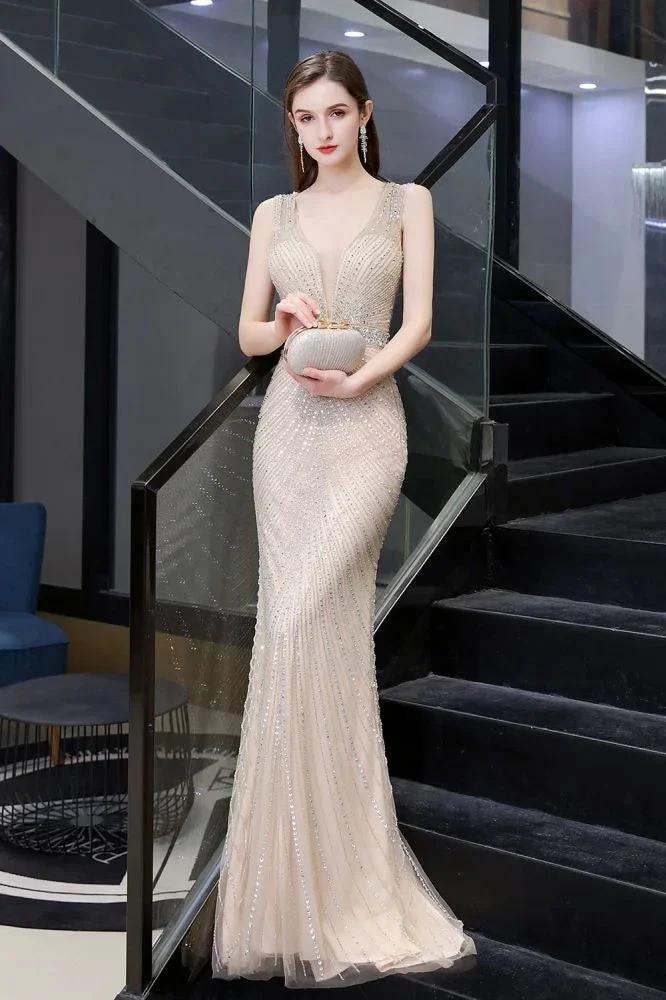 Stylish Deep V-Neck Sleeveless Beading Silver Slim Mermaid Party Gown - Image 7