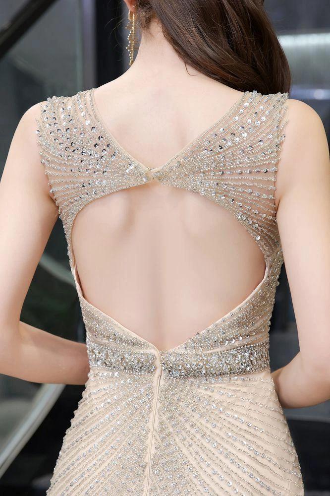 Stylish Deep V-Neck Sleeveless Beading Silver Slim Mermaid Party Gown - Image 8