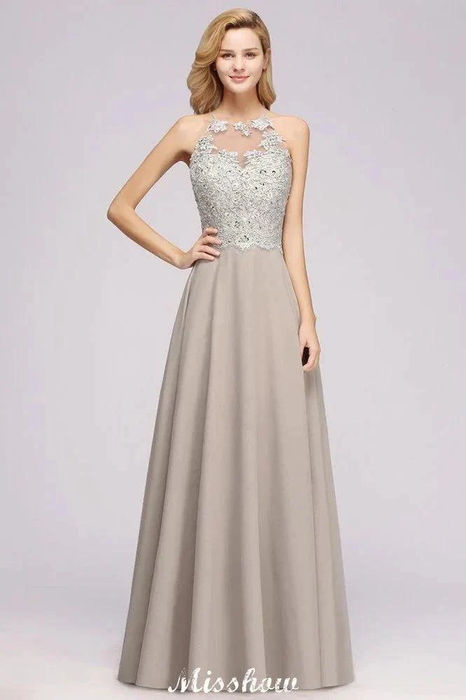 Stylish Floral Appliques Sleeveless Evening Party Gown Aline Silver Chiffon Long Bridesmaid Dress - Image 3