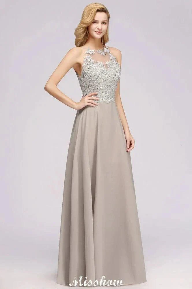 Stylish Floral Appliques Sleeveless Evening Party Gown Aline Silver Chiffon Long Bridesmaid Dress - Image 5