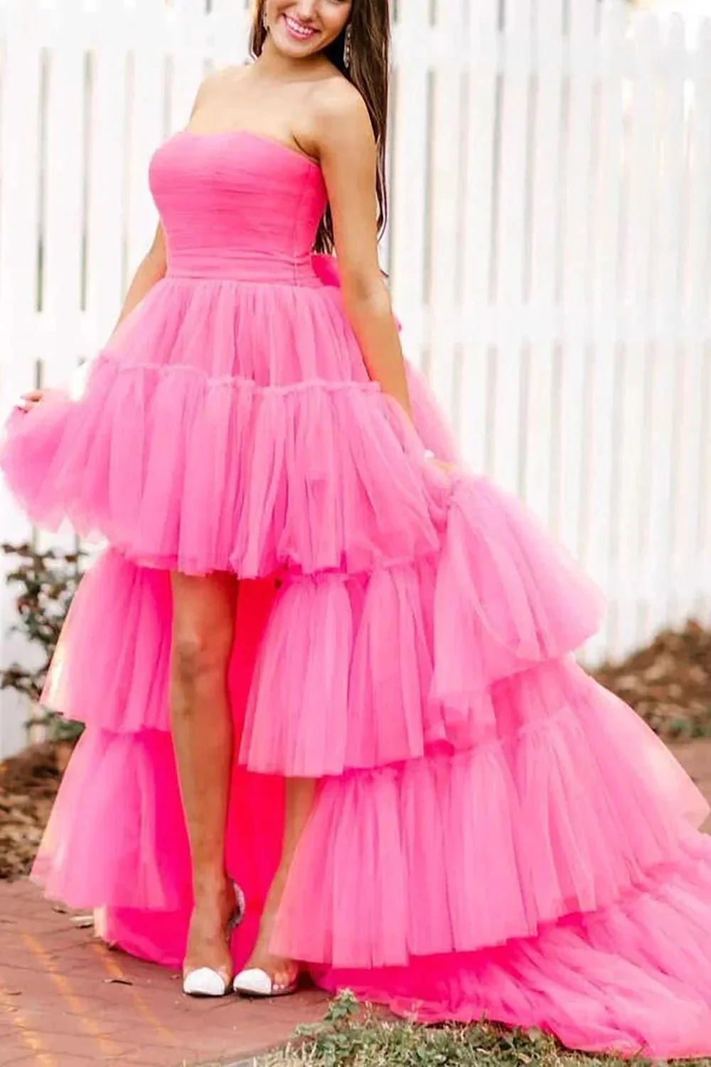 June |A-line High Low Strapless Tulle Prom Dress with Ruffles - Image 3
