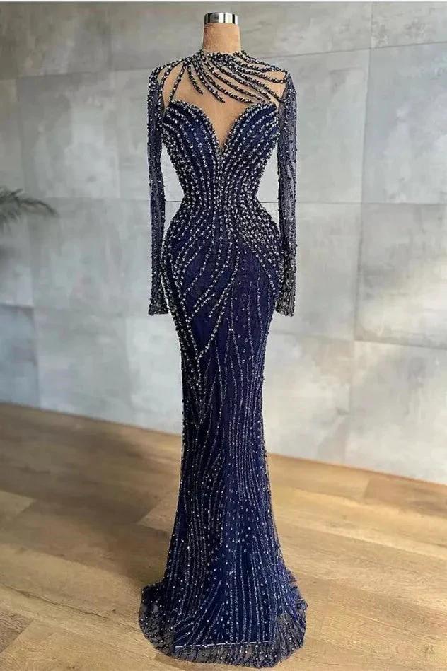 Stylish High Neck Navy Mermaid Evening Dress with Detachable Tulle Train Crystals Beads Long Prom Dress - Image 2
